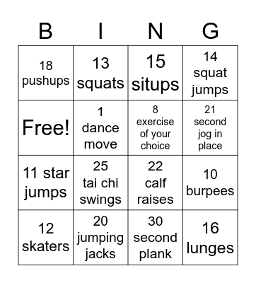 Fitness Bingo Card