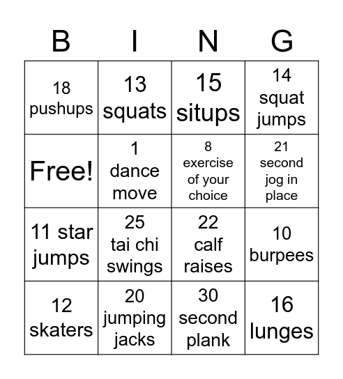 Fitness Bingo Card