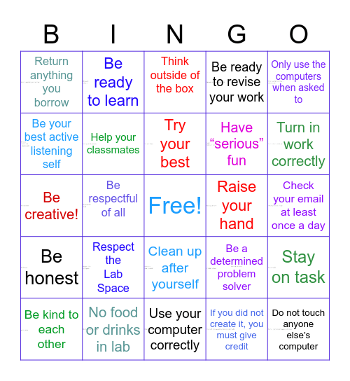 Graphics Lab Expectations Bingo Card