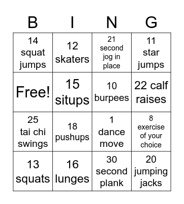 Fitness Bingo Card