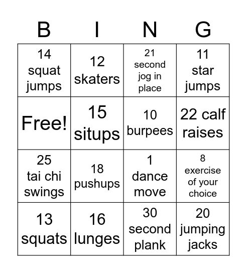 Fitness Bingo Card