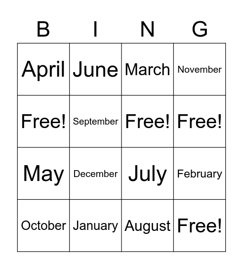 Months of the Year Bingo Card