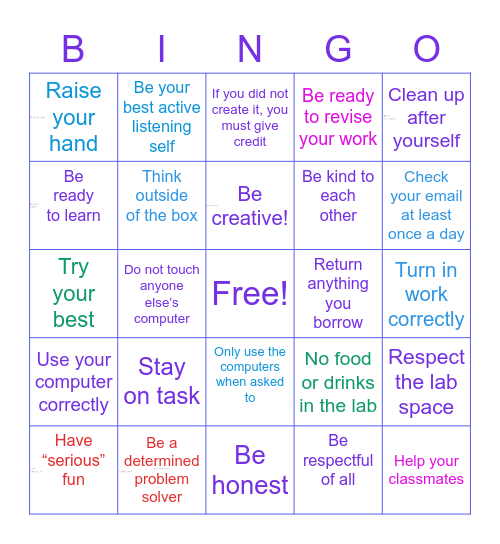 Graphics Lab Expectations II Bingo Card