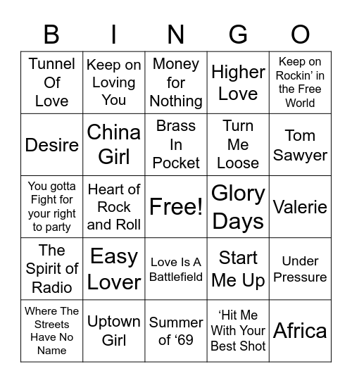 Dad’s Cassette Collection - Dad Rock of the 80s Bingo Card