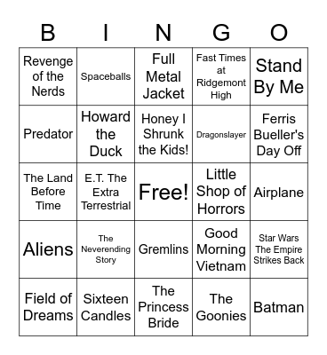 Totally 80's Movies! Bingo Card