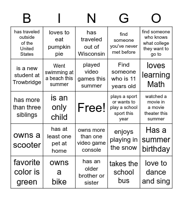 GET TO KNOW YOUR CLASS Bingo Card