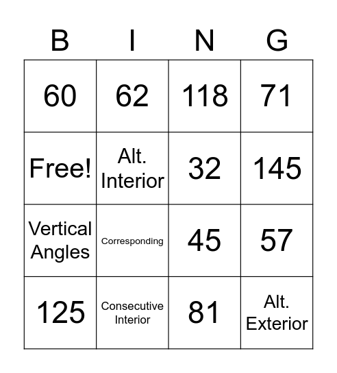 Parallel Lines and Transversals Bingo Card