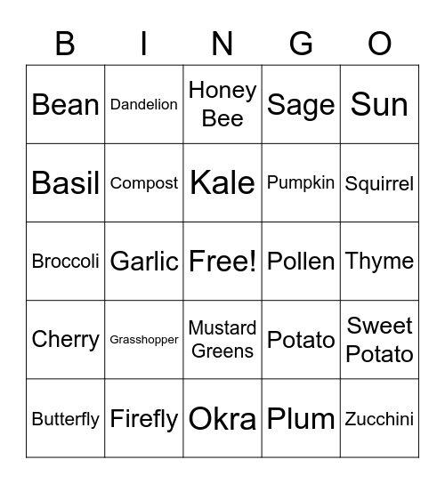 Garden Bingo Card