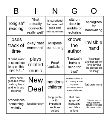 TD Class Bingo Card