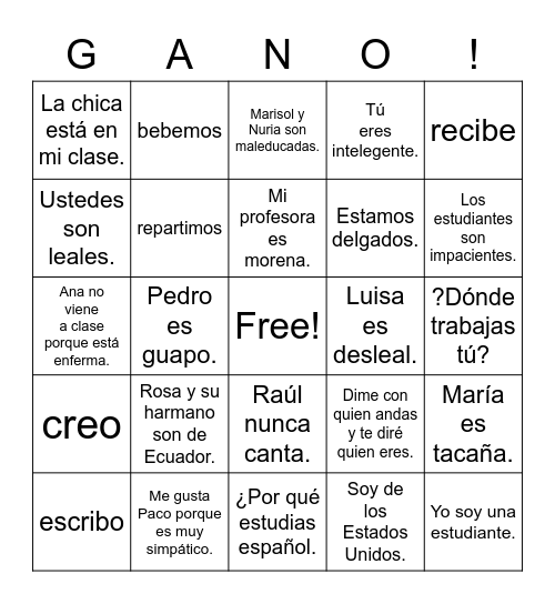 Spanish 2 - Chapter 1 Lesson 1-2 Bingo Card