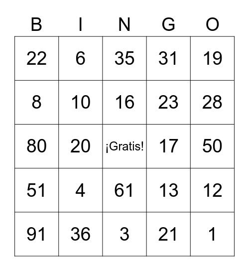 Numbers in Spanish: 0-100 Bingo Card