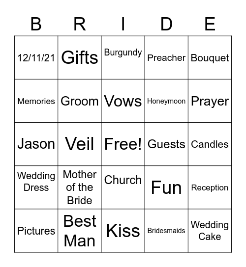 Kellianne's Bridal Shower Bingo Card