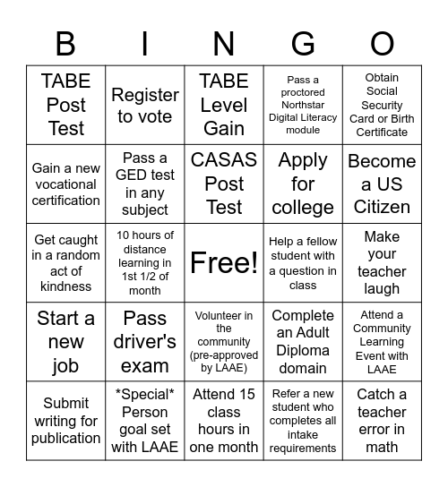 Lakes Area Adult Education Bingo Card