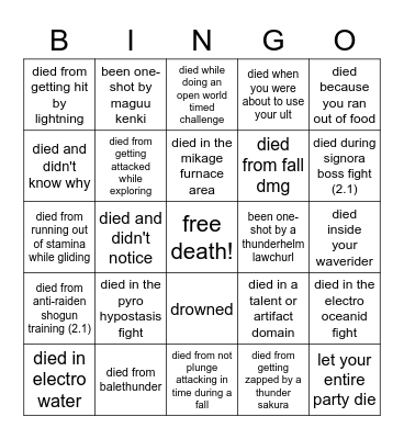 ways to die in inazuma Bingo Card
