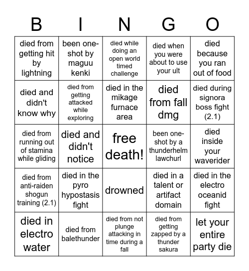 ways to die in inazuma Bingo Card