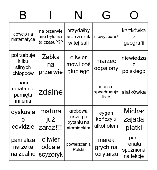 szkoła Bingo Card