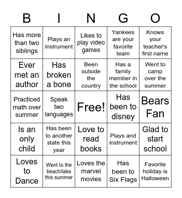 First Day of School Bingo Card