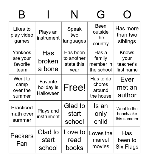 First Day of School Bingo Card