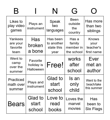 First Day of School Bingo Card