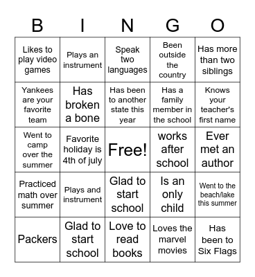 First Day of School Bingo Card