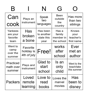 First Day of School Bingo Card