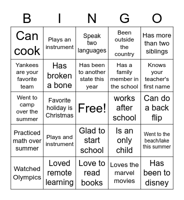 First Day of School Bingo Card