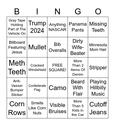 WHITE TRASH CAR BINGO Card
