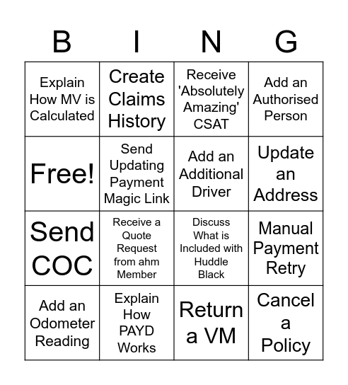 Insurance Support Bingo Card