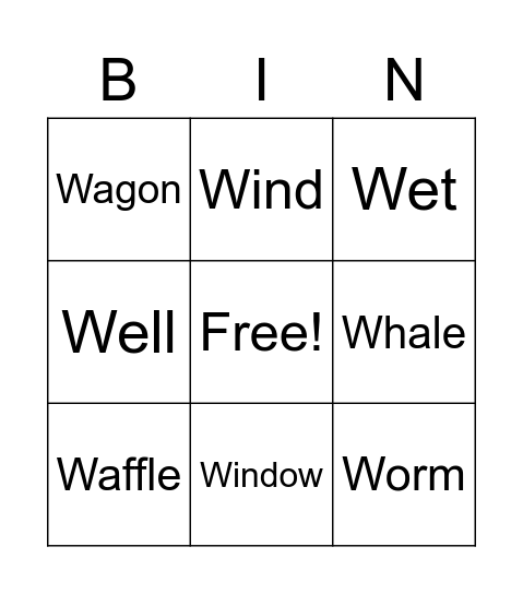 The Letter W Bingo Card