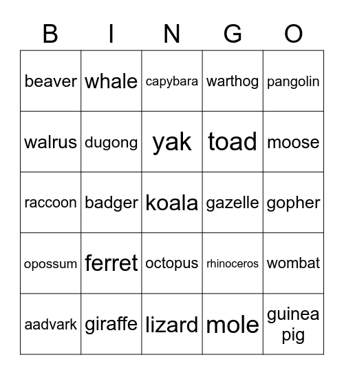 Unusual animals Bingo Card