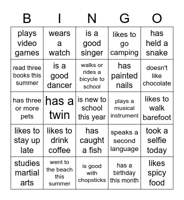 Back to School Bingo Card
