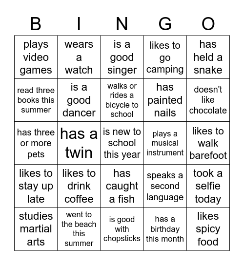 Back to School Bingo Card