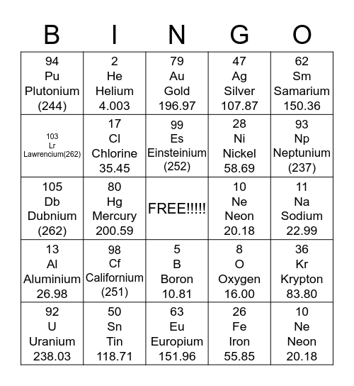 Periodic  Bingo  Bingo Card