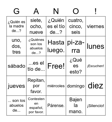 Spanish 1 - Introduction 1B Review Bingo Card