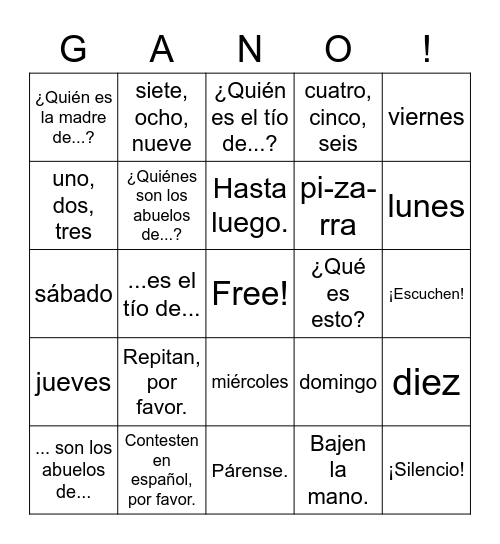 Spanish 1 - Introduction 1B Review Bingo Card