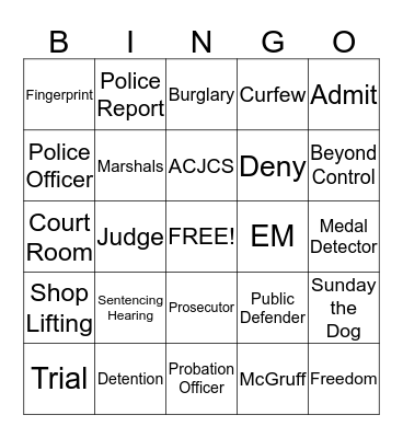 Ada County Juvenile Court Bingo Card