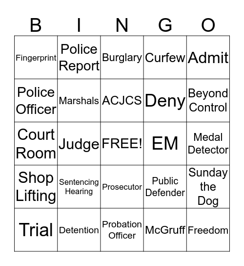 Ada County Juvenile Court Bingo Card
