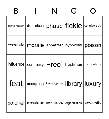 9th Grade List 19 Bingo Card