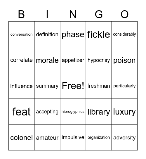 9th Grade List 19 Bingo Card