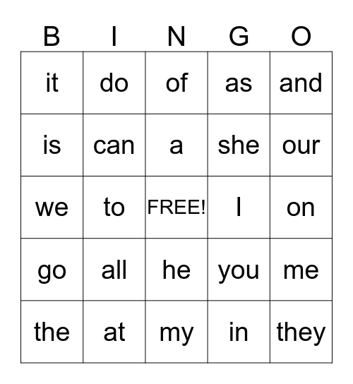 Site Words Bingo 1 Bingo Card
