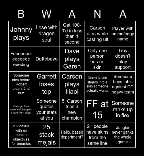 Bwana league bingo Card