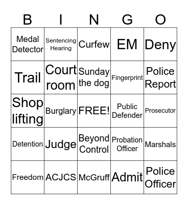 Ada County Juvenile Court Bingo Card