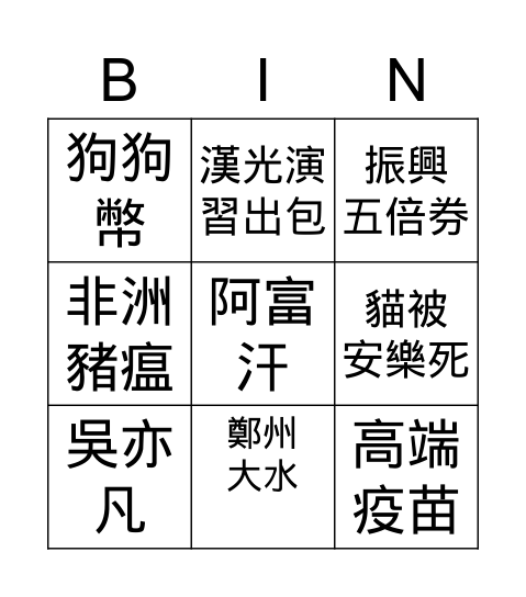 最近發生甚麼大事? Bingo Card