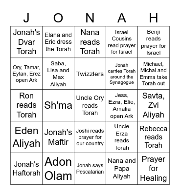 Jonah's Bar Mitzvah Bingo Card