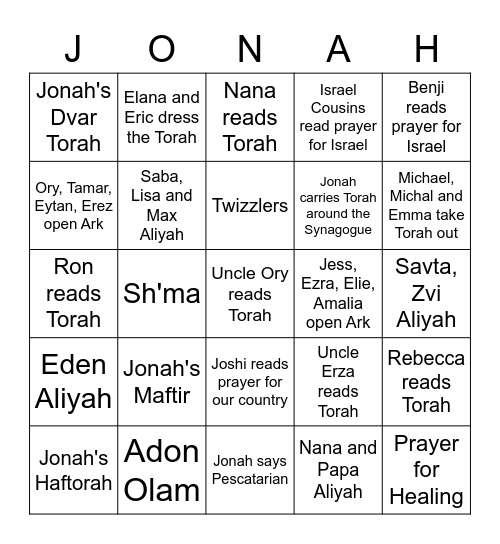 Jonah's Bar Mitzvah Bingo Card