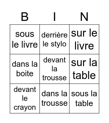Cadeau 2 prepositiot Bingo Card