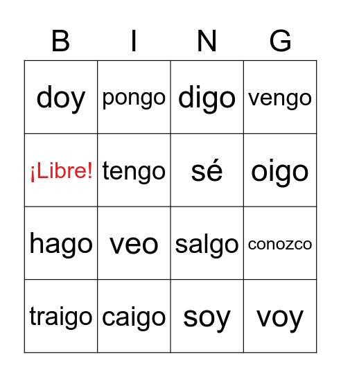Verbos irregulares en la forma "yo" Bingo Card