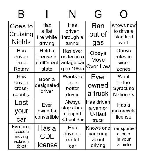 CAR BINGO Card