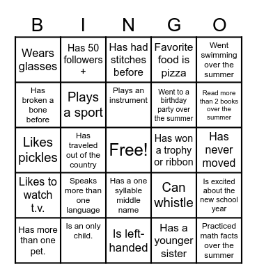 Back to School Bingo Card
