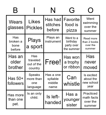 Back to School Bingo Card